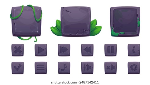 Stone game ui elements with jungle plant leaves and liana vines. Cartoon vector set of rock frames and buttons for gui design. Square empty boards for sign and plaque with settings and app icons.