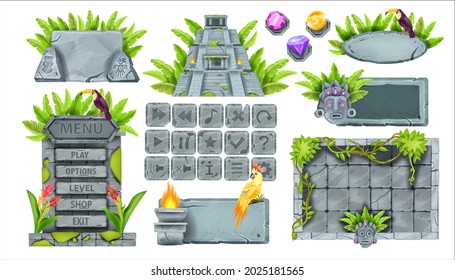 Stone game UI vector set, rock interface button kit, vector ancient maya ruin, sign board, Aztec pyramid. Jungle design element frame, menu banner, tropical leaf parrot. Stone game web assets template