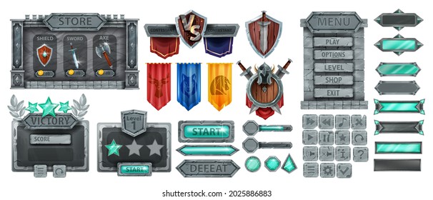 Stone Game UI Vector Set, Rock Medieval Menu Frame, Sign Board, Gemstone Button, Knight Flag, Shield. Fantasy RPG Panel Kit, User Interface Design Element, Victory Badge, Store Window. Stone Game Icon