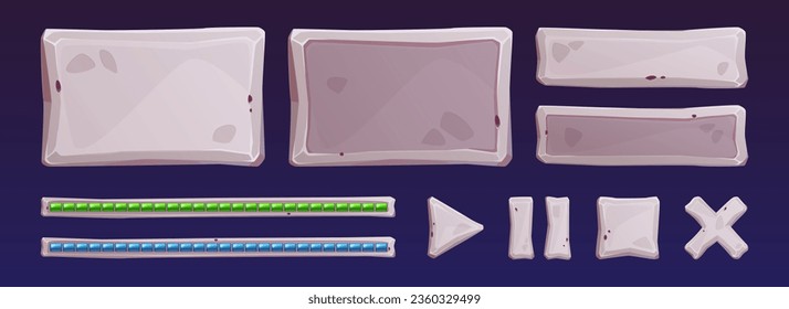 Stone game user interface assets - cartoon vector illustration set of rock plates and buttons for gui design. Rectangular banners and tablets with stony texture for menu, score level and pushbuttons.