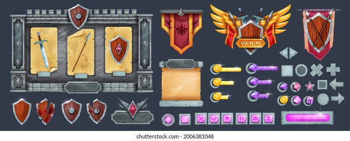Stone game user interface design kit, medieval knight RPG template design, rock signboard, shield. Vector UI buttons, parchment, treasury, victory sign, arrow assets panel. Game interface set