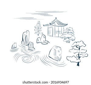 stone garden card nature landscape view landscape card vector sketch illustration japanese chinese oriental line