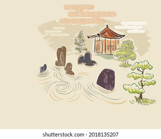 stone garden card nature landscape view landscape card vector sketch illustration japanese chinese oriental line