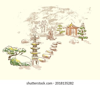 stone garden card nature landscape view landscape card vector sketch illustration japanese chinese oriental line