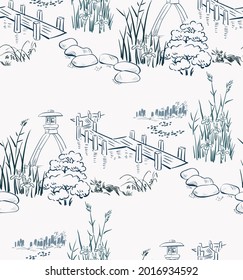 stone garden japanese chinese design sketch ink paint style seamless