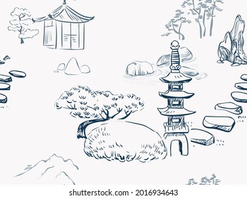 stone garden japanese chinese design sketch ink paint style seamless