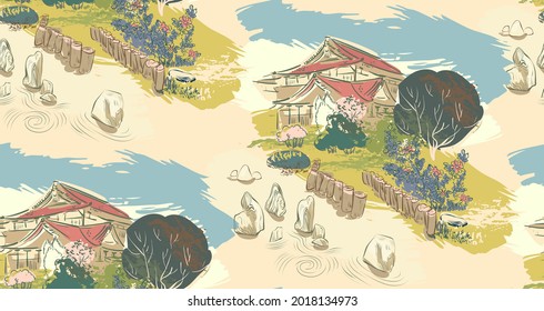 Stone Garden Japanese Chinese Design Sketch Ink Paint Style Seamless