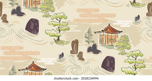 stone garden japanese chinese design sketch ink paint style seamless