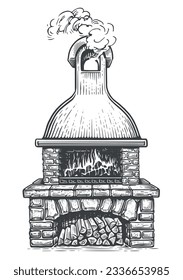 Stone garden oven for grilling or barbecue in the backyard. Cooking grill food concept. Sketch vector illustration