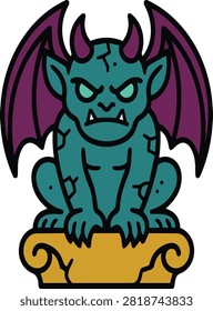 Stone gargoyle demon creature sitting on pedestal vector illustration isolated on white background