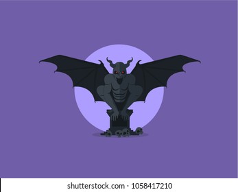 Stone gargoyle on top off the roman pillar. Front view. Vector Flat.