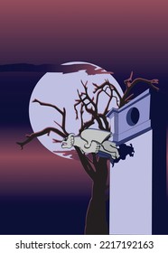 Stone gargoyle on top off the roman pillar. Front view. Vector Flat.