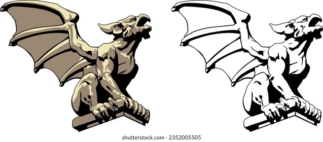 stone gargoyle with webbed wings looking up at the sky