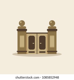 Stone gate logo. Garden and house fence vector illustration. Stone fencing wood boards silhouette construction in flat style.