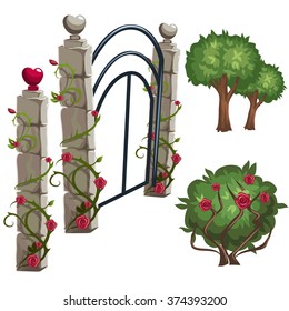 Stone gate overgrown with roses. Vector illustration.