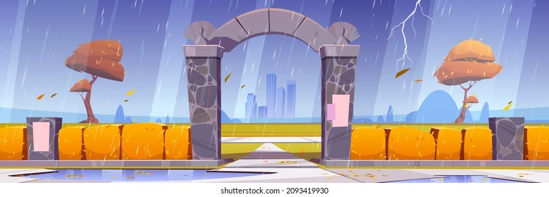Stone gates, entrance to autumn city garden or park at rainy weather. Urban skyline with hedge fence, yellow trees and bushes on cityscape background with skyscrapers, Cartoon vector illustration