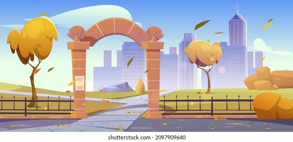 Stone gates, entrance to autumn city garden or park at cool weather. Urban skyline with metal fence, yellow trees and pathways on cityscape background with skyscrapers, Cartoon vector illustration