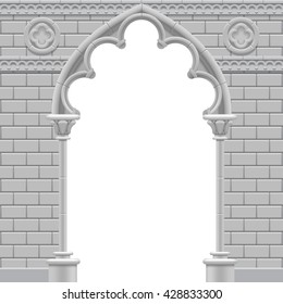 Stone gothic arch and wall in black and white colors. Antique architecture frame and background in shades of gray.  Vector Illustration