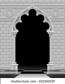 Stone gothic arch and wall in black and white colors on the glossy chess floor. Antique architecture frame and background in shades of gray.  Vector Illustration