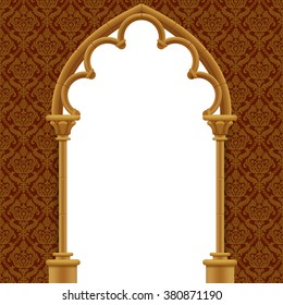 Stone gothic gate with classic decorative background. Vintage architecture frame. Easy to place any your background instead of white. Vector Illustration