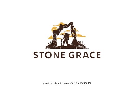 Stone Grace Hiker Silhouette Mountain Landscape Design logo for adventure