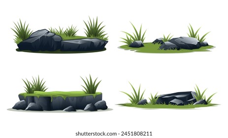 Stone, Grass and bush elements collections with flat design