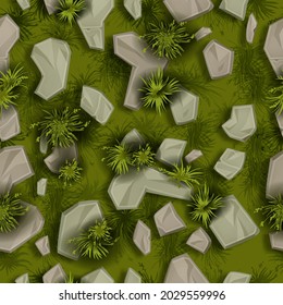 Stone grass seamless pattern, vector rock texture background, green bushes, plant top view illustration. Game environment ground tile, park path, gray boulders. Old stone, moss, grass nature wallpaper