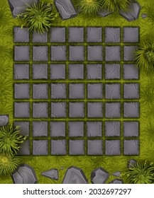 Stone grass UI background, game rock vector ground menu screen, interface app design concept. Nature environment brick floor, green grass, bushes, cracked gray tile button. Stone game top view map