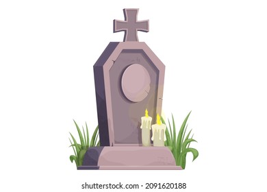 Stone grave, memorial with grass and candles in cartoon style isolated on white background. Funeral, cemetery object. Afterlife monument.