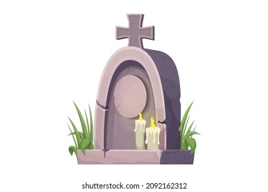 Stone grave, memorial with grass and candles in cartoon style isolated on white background. Funeral, cemetery object. Afterlife monument.