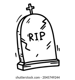 Stone grave, tombstone RIP with a cross Halloween linear vector icon in doodle sketch style