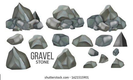 Stone Gravel And Granite Collection Set Vector. Different Shape Stone, Stacked Concrete Pebble. Natural Geological Rocky Slate Lump Colored Concept Template Realistic 3d Illustrations