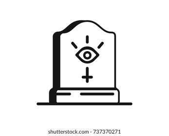 A stone gravestone with a carved Masonic eye and the inverted cross