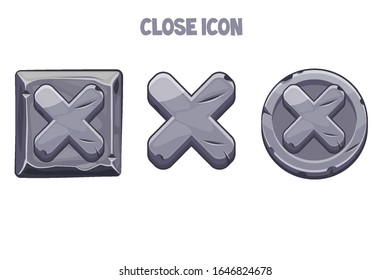 Stone gray buttons or icons close for menu. Set of icons with crosses for a game or interface.