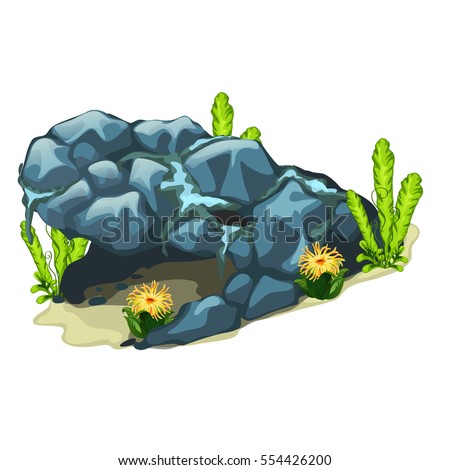 A stone grotto on the seabed isolated on white background. Underwater stone entrance to a mountain tunnel, overgrown with algae and coelenterates mollusks. Vector illustration close-up.