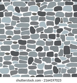 Stone ground seamless pattern. Mosaic pebble flooring, stones pavement texture. Street or wall element, grey leather imitation decent vector background