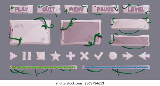 Stone gui elements with jungle vines and leaves - cartoon game user interface design buttons, score level bar, menu sign plates and empty frames and boards for text with rock texture and lianas.