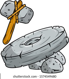 Stone hammer. Invention of wheel. primitive caveman element. Tool work. Old weapon. Cartoon drawn illustration