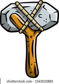 Stone hammer on stick. caveman's weapon for hunting. primitive prehistoric axe. Heavy object. Old technology. Cartoon illustration