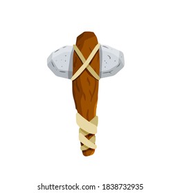 Stone hammer. Primitive man weapon. Stone age hunting tool. Flat cartoon illustration