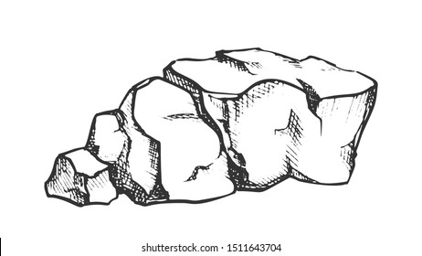 Steinheap Kobblestone Monochrome Vektorillustration. Feste, stark zerkleinerte Betonplatte. Kalkstein-Naturschiefer-Vorlage, handgezeichnet in einfarbiger Vintage-Illustration