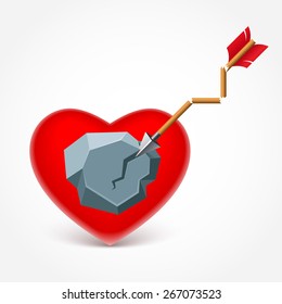 Stone heart and broken arrow of Cupid. Design concept. Vector illustration