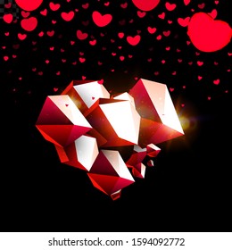 Stone heart on transparent background, falling hearts with blurring effect, isolated vector design set and background for Valentine s Day