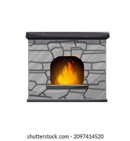 Stone Hearth Or Furnace. Isolated House Open Fireplace Or Hearth, Ancient Oven Or Blacksmith Isolated Vector Forge With Stone Walls, Mantle And Burning Fire, Flaming Flames