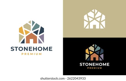 Stone home logo design. House building Vector design with colorful abstract stones graphic icon symbol