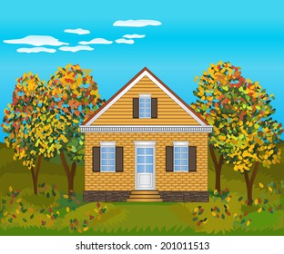 Stone house in autumn  background,vector, illustration