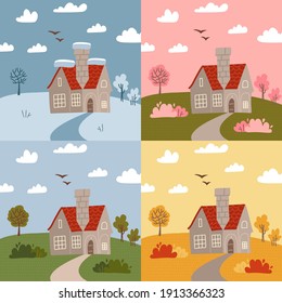 Stone House In Different Seasons - Ter, Spring, Summer, Autumn. Set Of Different Parts Of The Year, Weather Types. Flat Vector Illustration