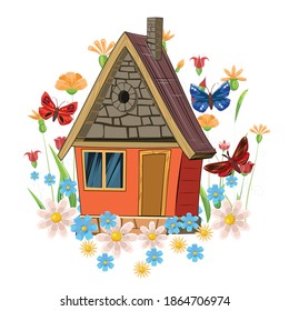 Stone house. Fabulous cartoon object. Cute childish style. Ancient dwelling. Tiny, small. Against the background of flowers and butterflies. Isolated on white. Vector