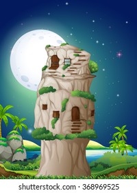 Stone house in fullmoon night illustration