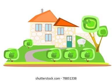 Stone house in green landscape isolated on white